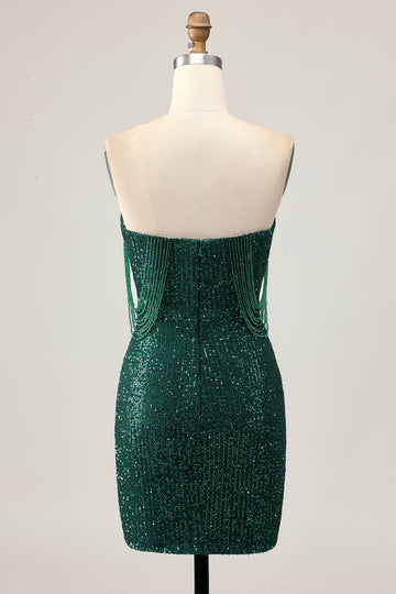 Robe moulante à paillettes vert foncé scintillante à épaules dénudées